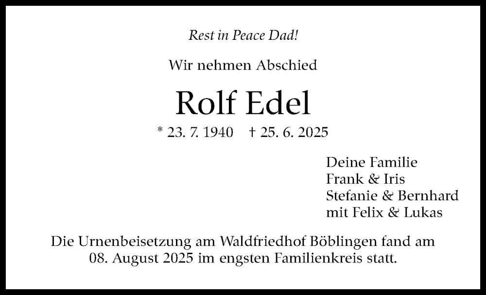  Traueranzeige für Rolf Edel vom 16.08.2025 aus Kreiszeitung Böblinger Bote