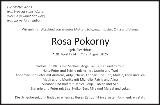 Traueranzeige von Rosa Pokorny von Kreiszeitung Böblinger Bote