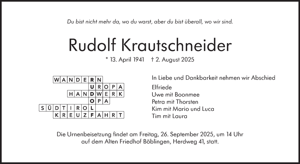  Traueranzeige für Rudolf Krautschneider vom 08.08.2025 aus Kreiszeitung Böblinger Bote