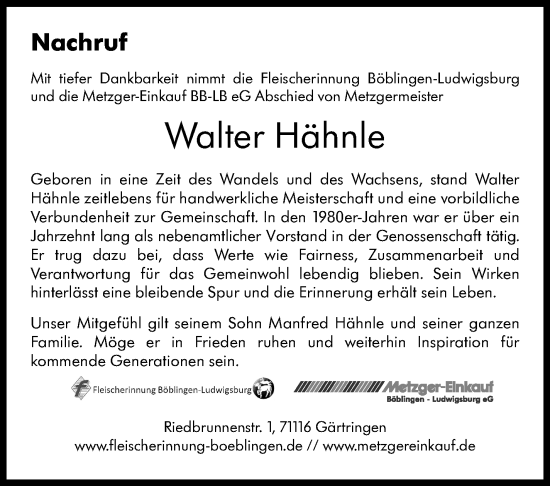 Traueranzeige von Walter Hähnle von Kreiszeitung Böblinger Bote