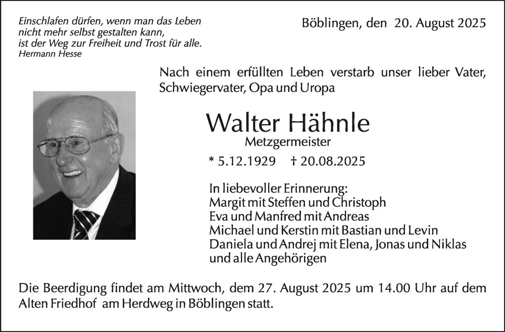  Traueranzeige für Walter Hähnle vom 23.08.2025 aus Kreiszeitung Böblinger Bote