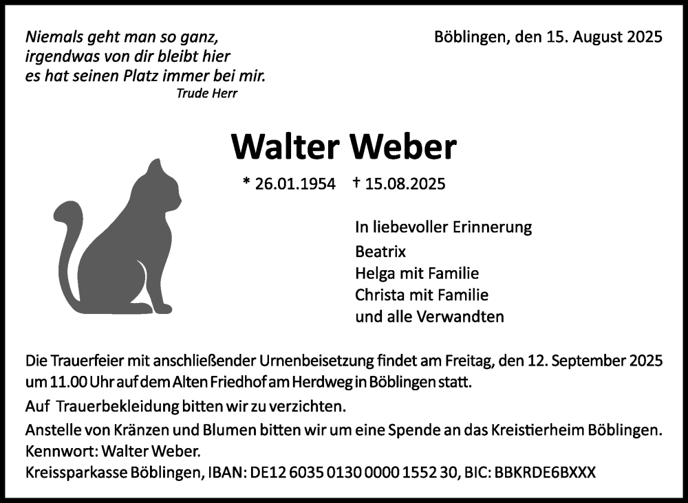 Traueranzeige für Walter Weber vom 28.08.2025 aus Kreiszeitung Böblinger Bote