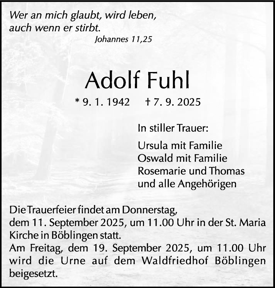  Traueranzeige für Adolf Fuhl vom 10.09.2025 aus Kreiszeitung Böblinger Bote