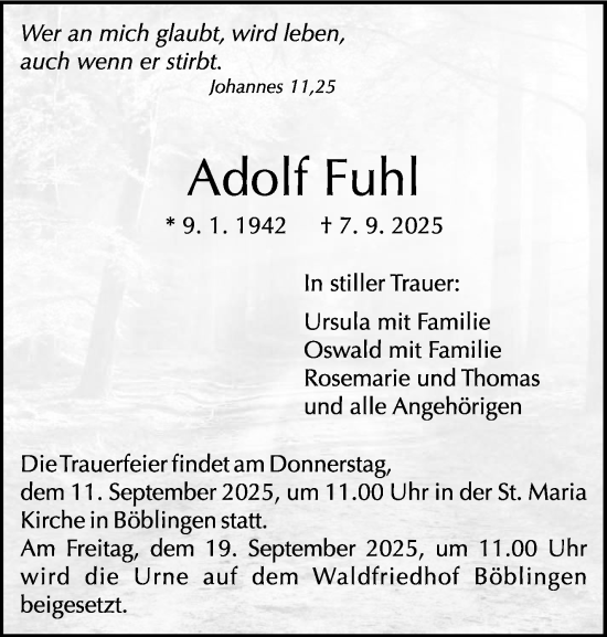 Traueranzeige von Adolf Fuhl von Kreiszeitung Böblinger Bote
