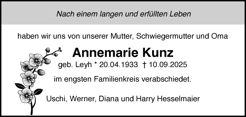  Traueranzeige für Annemarie Kunz vom 30.09.2025 aus Kreiszeitung Böblinger Bote