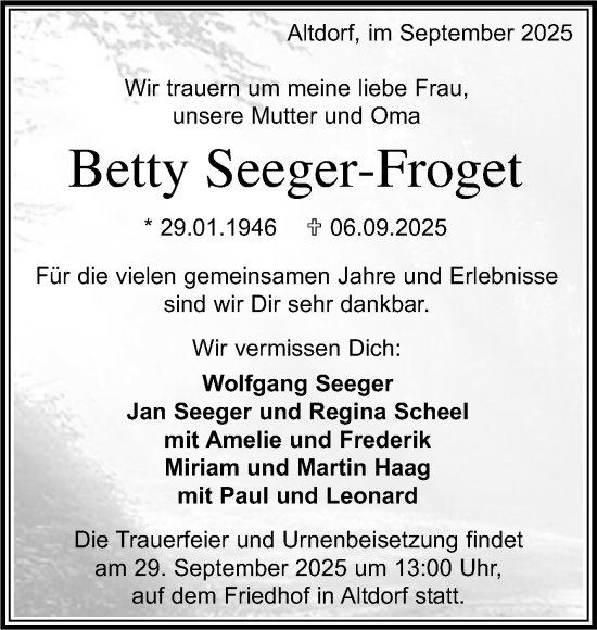 Traueranzeige von Betty Seeger-Froget von Kreiszeitung Böblinger Bote