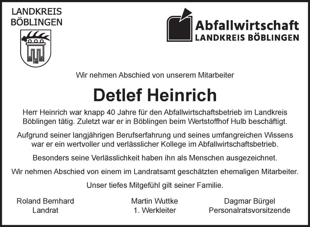  Traueranzeige für Detlef Heinrich vom 01.09.2025 aus Kreiszeitung Böblinger Bote