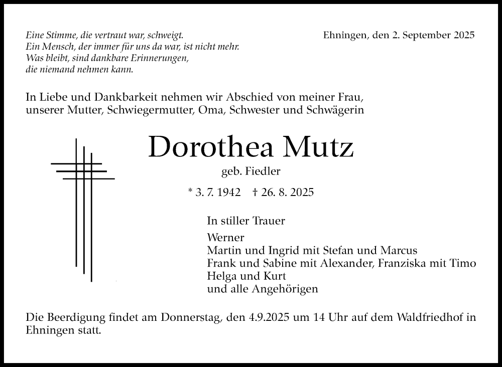  Traueranzeige für Dorothea Mutz vom 02.09.2025 aus Kreiszeitung Böblinger Bote