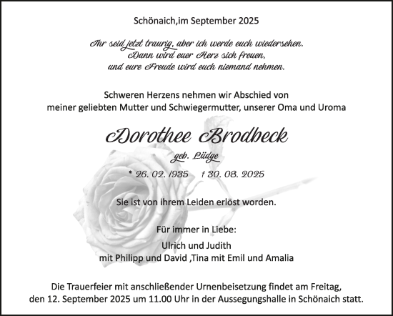 Traueranzeige von Dorothee Brodbeck von Kreiszeitung Böblinger Bote