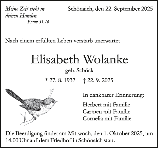 Traueranzeige von Elisabeth Wolanke von Kreiszeitung Böblinger Bote