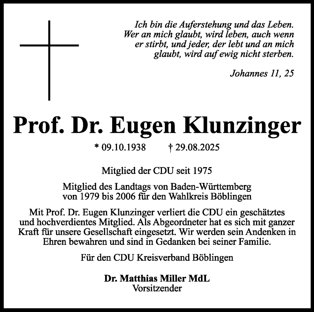  Traueranzeige für Eugen Klunzinger vom 24.09.2025 aus Kreiszeitung Böblinger Bote