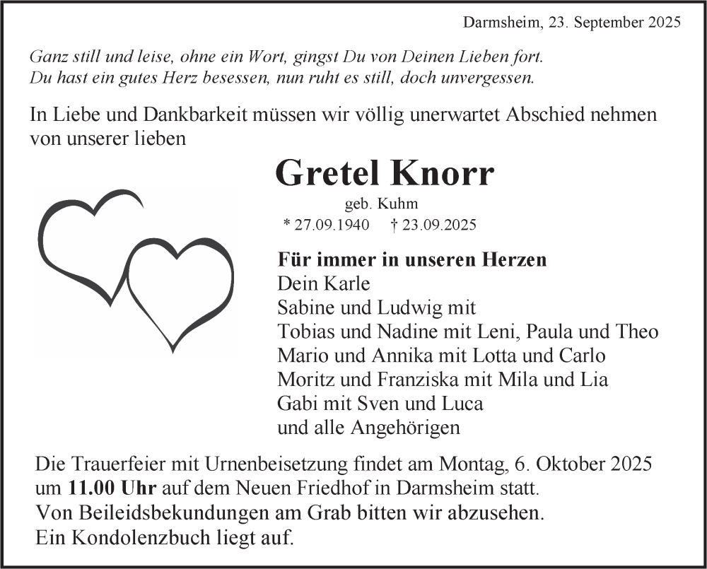  Traueranzeige für Gretel Knorr vom 27.09.2025 aus Kreiszeitung Böblinger Bote