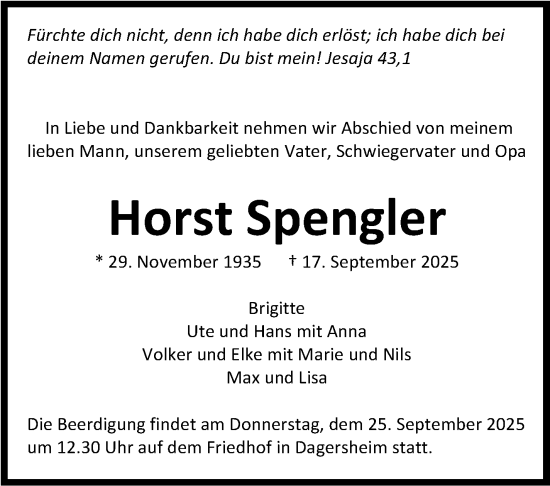 Traueranzeige von Horst Spengler von Kreiszeitung Böblinger Bote