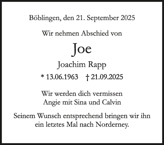 Traueranzeige von Joachim Rapp von Kreiszeitung Böblinger Bote