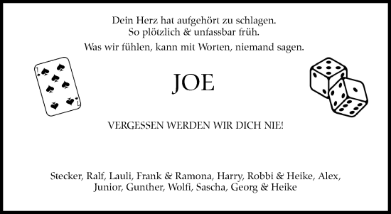 Traueranzeige von Joe  von Kreiszeitung Böblinger Bote