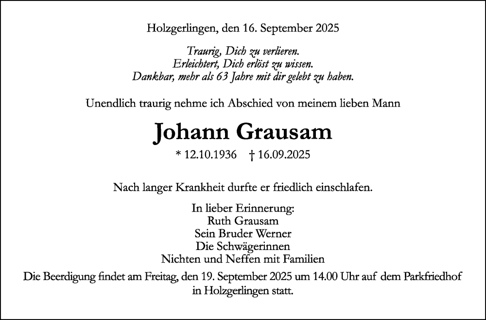  Traueranzeige für Johann Grausam vom 18.09.2025 aus Kreiszeitung Böblinger Bote