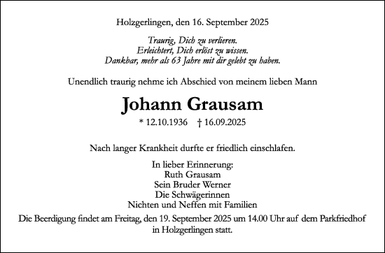 Traueranzeige von Johann Grausam von Kreiszeitung Böblinger Bote