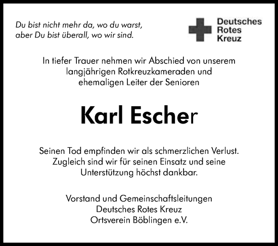 Traueranzeige von Karl Escher von Kreiszeitung Böblinger Bote