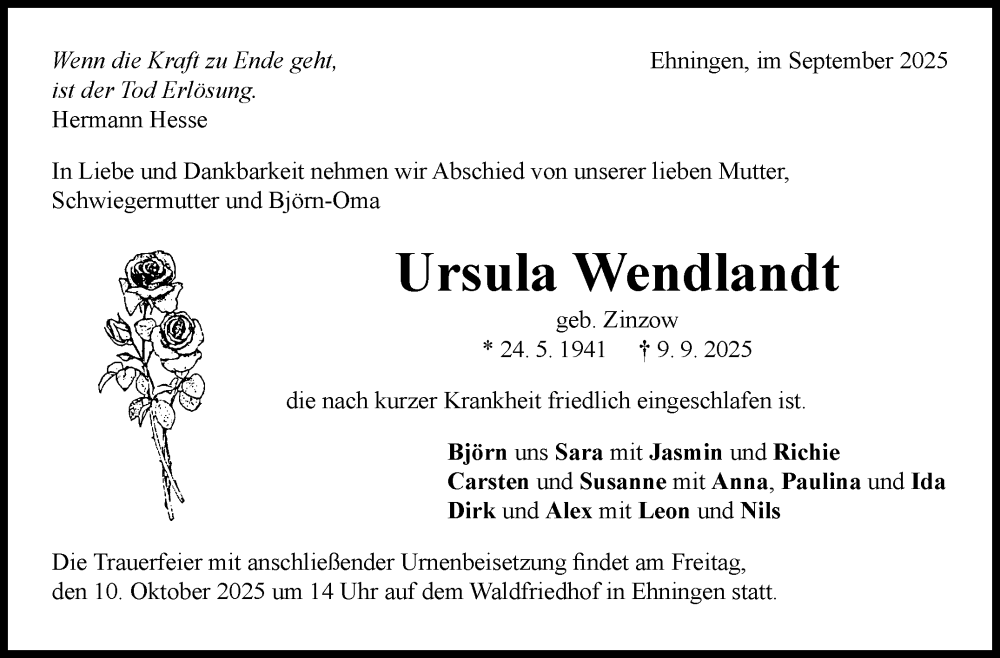  Traueranzeige für Ursula Wendlandt vom 18.09.2025 aus Kreiszeitung Böblinger Bote