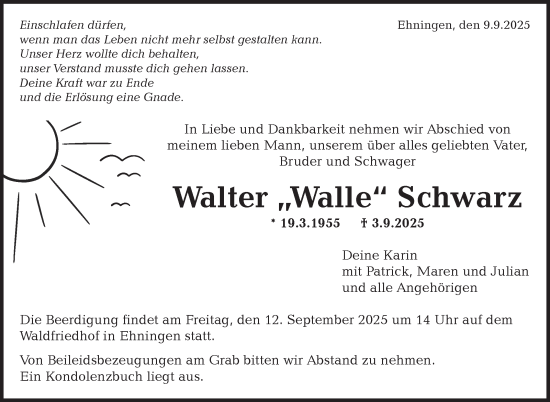 Traueranzeige von Walter Schwarz von Kreiszeitung Böblinger Bote