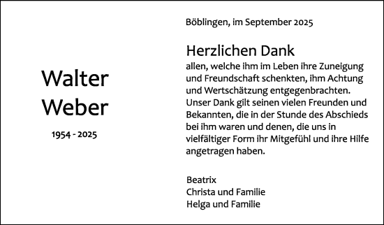 Traueranzeige von Walter Weber von Kreiszeitung Böblinger Bote