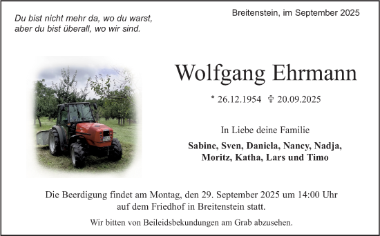 Traueranzeige von Wolfgang Ehrmann von Kreiszeitung Böblinger Bote