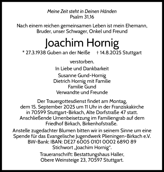 Traueranzeige von Joachim Hornig 