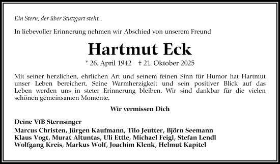 Traueranzeige von Hartmut Eck 