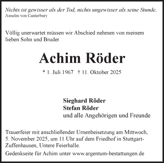 Traueranzeige von Achim Röder von Stuttgarter Zeitung / Stuttgarter Nachrichten