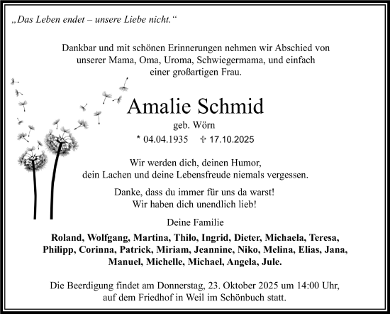 Traueranzeige von Amalie Schmid von Kreiszeitung Böblinger Bote
