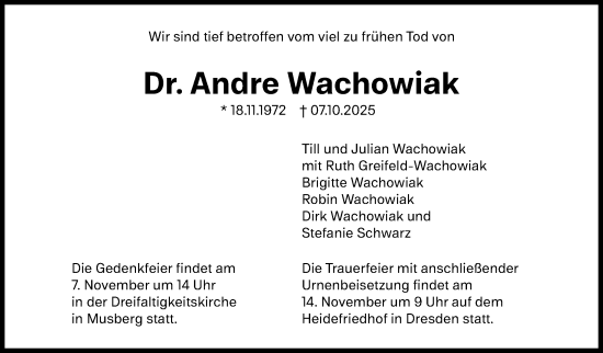 Traueranzeige von Andre Wachowiak von Stuttgarter Zeitung / Stuttgarter Nachrichten