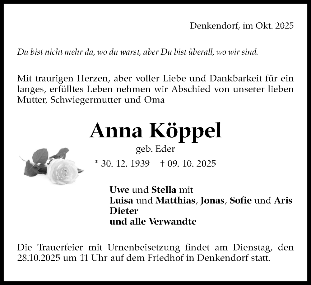  Traueranzeige für Anna Köppel vom 22.10.2025 aus Eßlinger Zeitung