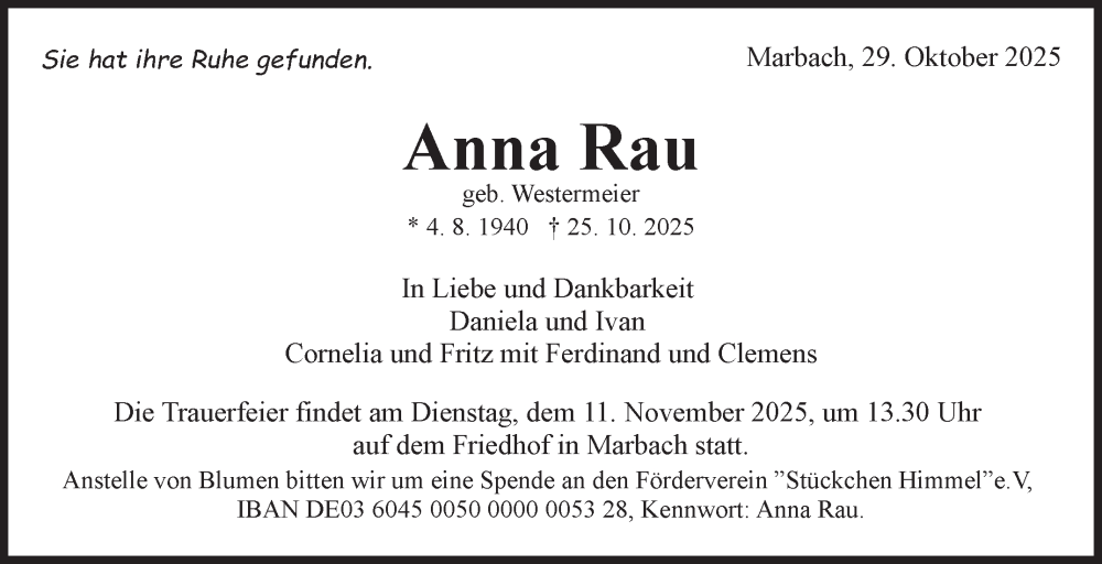  Traueranzeige für Anna Rau vom 29.10.2025 aus Marbacher Zeitung