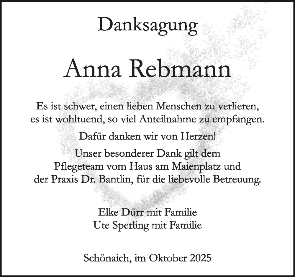  Traueranzeige für Anna Rebmann vom 27.10.2025 aus Kreiszeitung Böblinger Bote