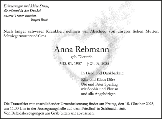 Traueranzeige von Anna Rebmann von Kreiszeitung Böblinger Bote