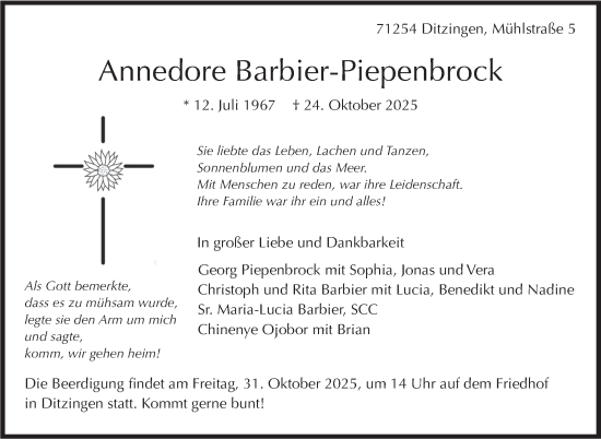 Traueranzeige von Annedore Barbier-Piepenbrock von Leonberger Kreiszeitung / Strohgäu Extra