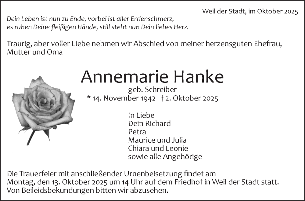  Traueranzeige für Annemarie Hanke vom 07.10.2025 aus Leonberger Kreiszeitung / Strohgäu Extra