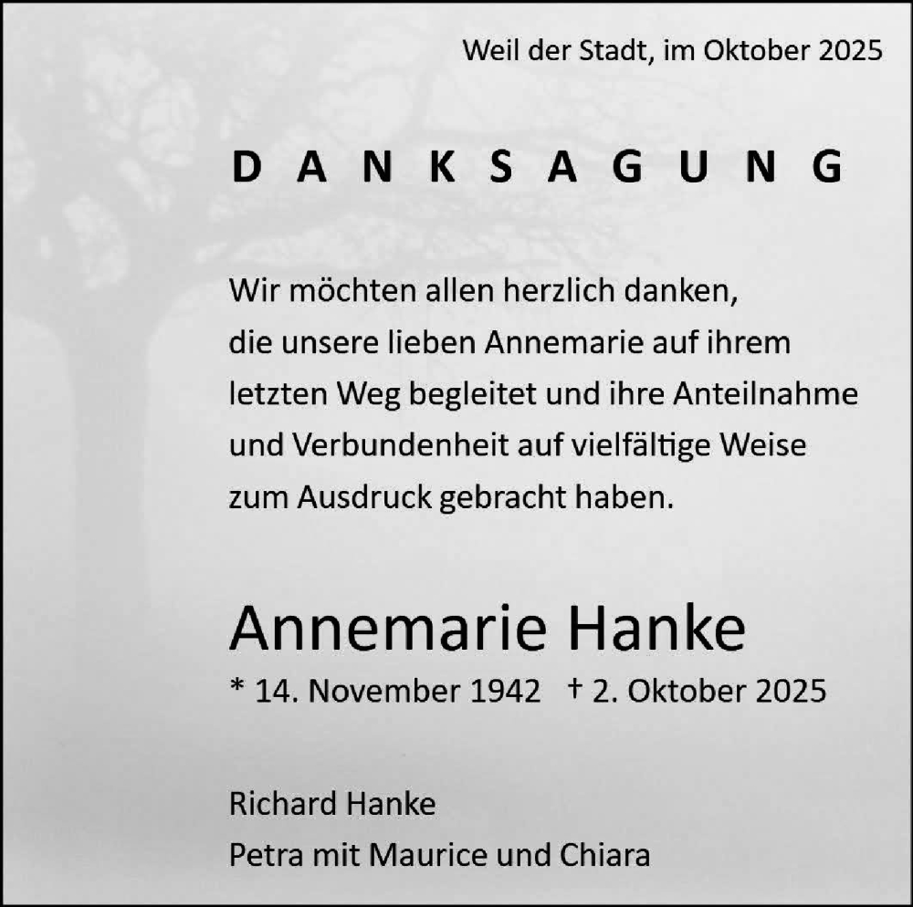  Traueranzeige für Annemarie Hanke vom 21.10.2025 aus Leonberger Kreiszeitung / Strohgäu Extra