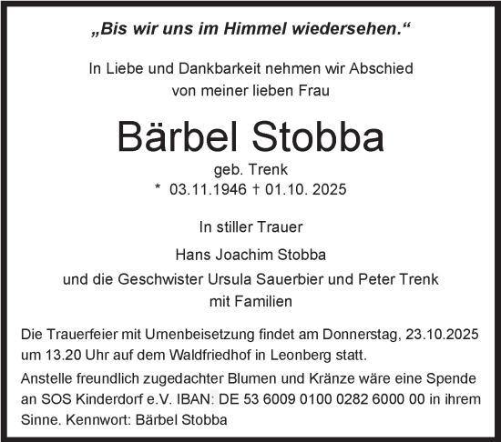 Traueranzeige von Bärbel Stobba von Stuttgarter Zeitung / Stuttgarter Nachrichten