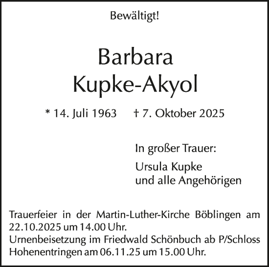 Traueranzeige von Barbara Kupke-Akyol von Kreiszeitung Böblinger Bote