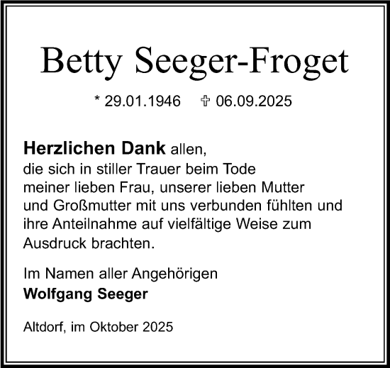 Traueranzeige von Betty Seeger-Froget von Kreiszeitung Böblinger Bote