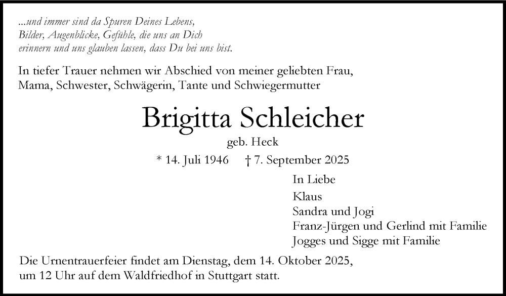  Traueranzeige für Brigitta Schleicher vom 04.10.2025 aus Stuttgarter Zeitung / Stuttgarter Nachrichten