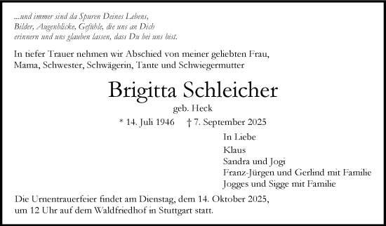 Traueranzeige von Brigitta Schleicher von Stuttgarter Zeitung / Stuttgarter Nachrichten