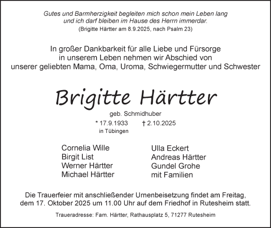 Traueranzeige von Brigitte Härtter von Leonberger Kreiszeitung / Strohgäu Extra