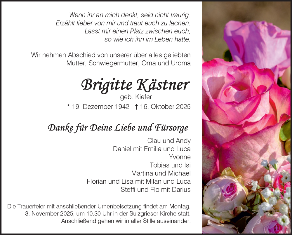  Traueranzeige für Brigitte Kästner vom 25.10.2025 aus Eßlinger Zeitung