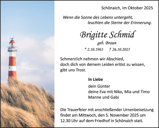 Traueranzeige von Brigitte Schmid von Kreiszeitung Böblinger Bote