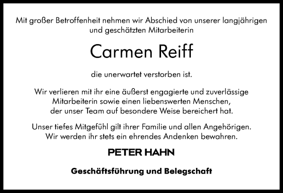 Traueranzeige von Carmen Reiff von Eßlinger Zeitung