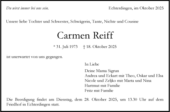 Traueranzeige von Carmen Reiff von Eßlinger Zeitung