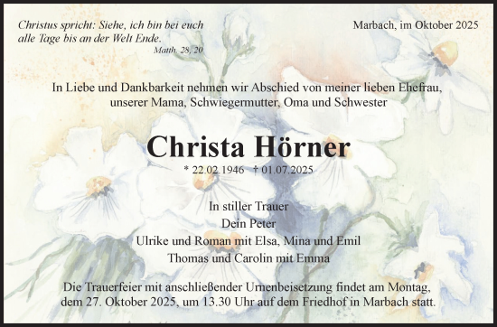 Traueranzeige von Christa Hörner von Marbacher Zeitung