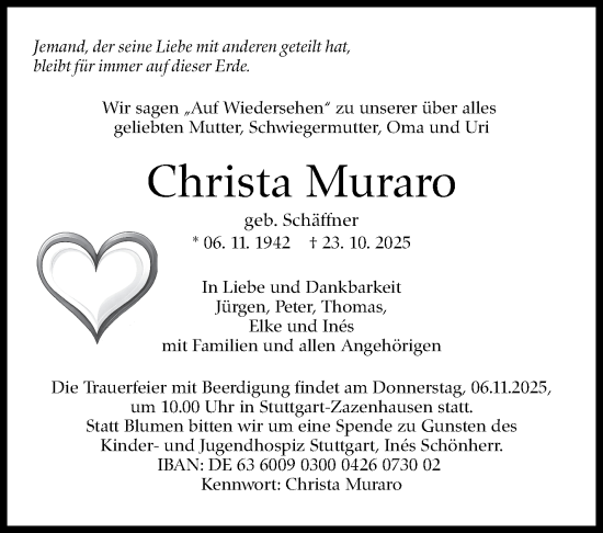 Traueranzeige von Christa Muraro von Stuttgarter Zeitung / Stuttgarter Nachrichten